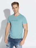 GUESS Mens Blue Pima Logo Crew Neck Tee    M82P64R7HD0 Front View