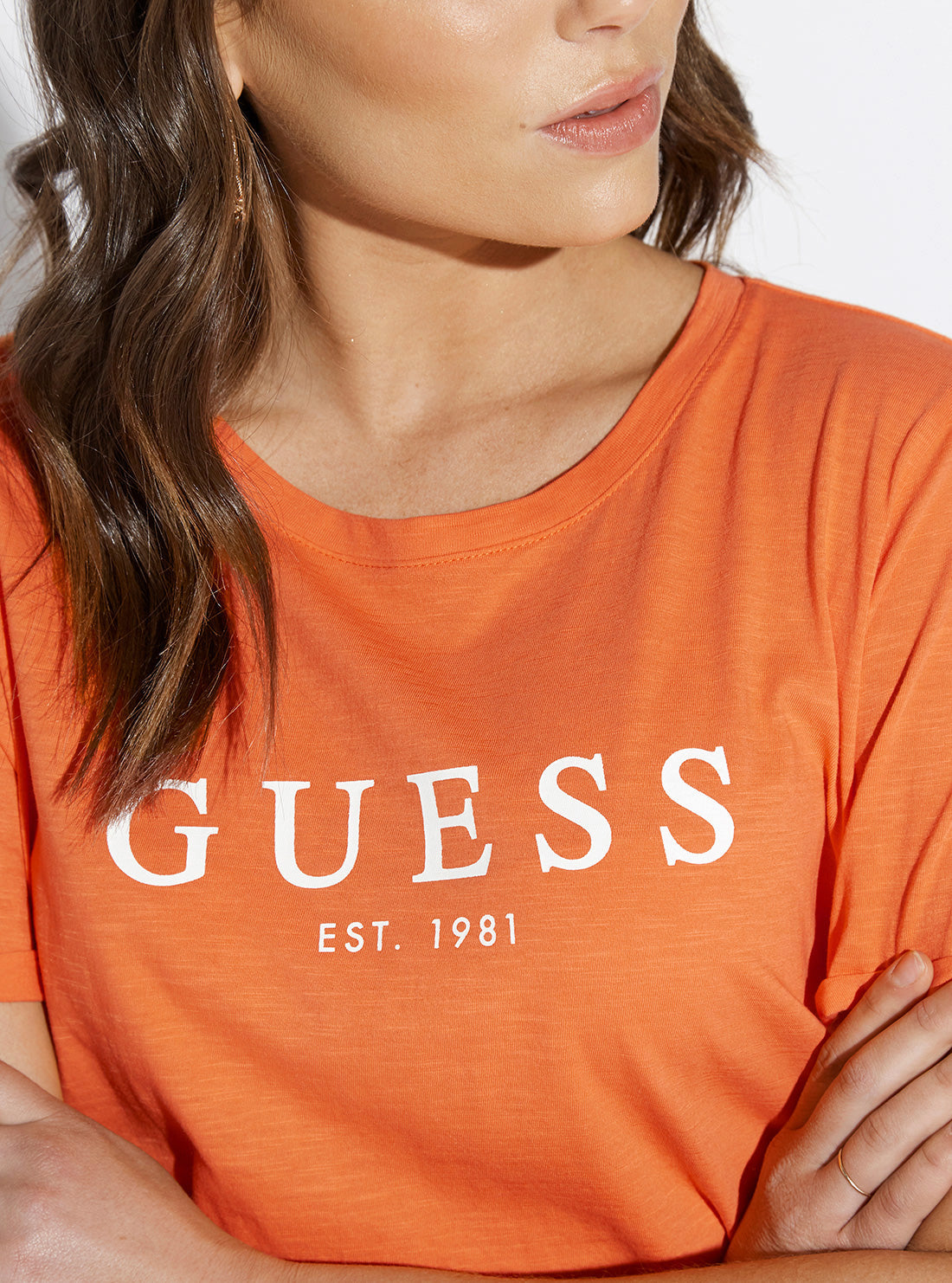 GUESS Womens Eco Orange Short Sleeve GUESS 1981 Rolled Cuff T-Shirt W0GI69R8G01 Detail View