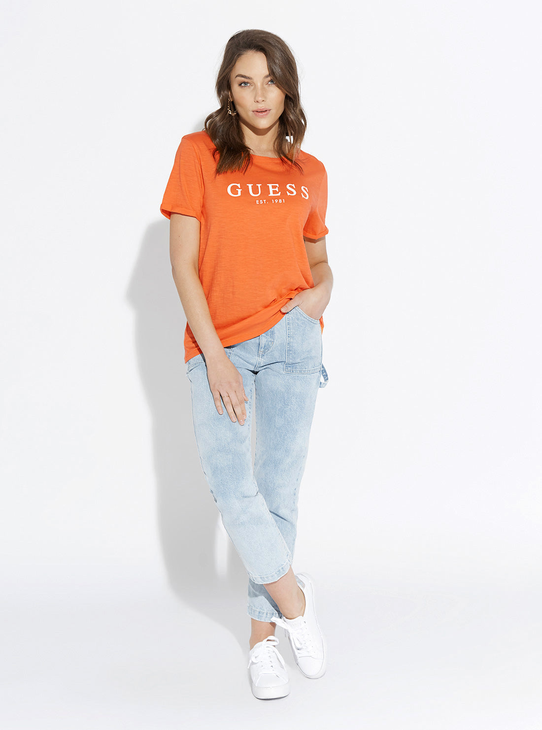GUESS Womens Eco Orange Short Sleeve GUESS 1981 Rolled Cuff T-Shirt W0GI69R8G01 Full View