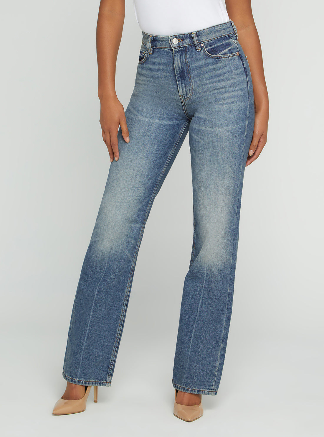 GUESS Women's High-Rise 80s Straight Leg Denim Jeans In Confidence Wash Front View