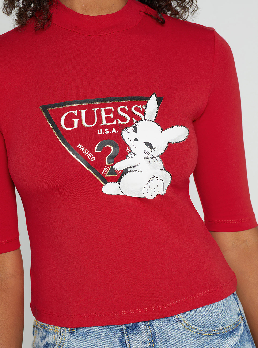 GUESS Womens Red Golden Rabbit Cropped Logo T-Shirt side view
