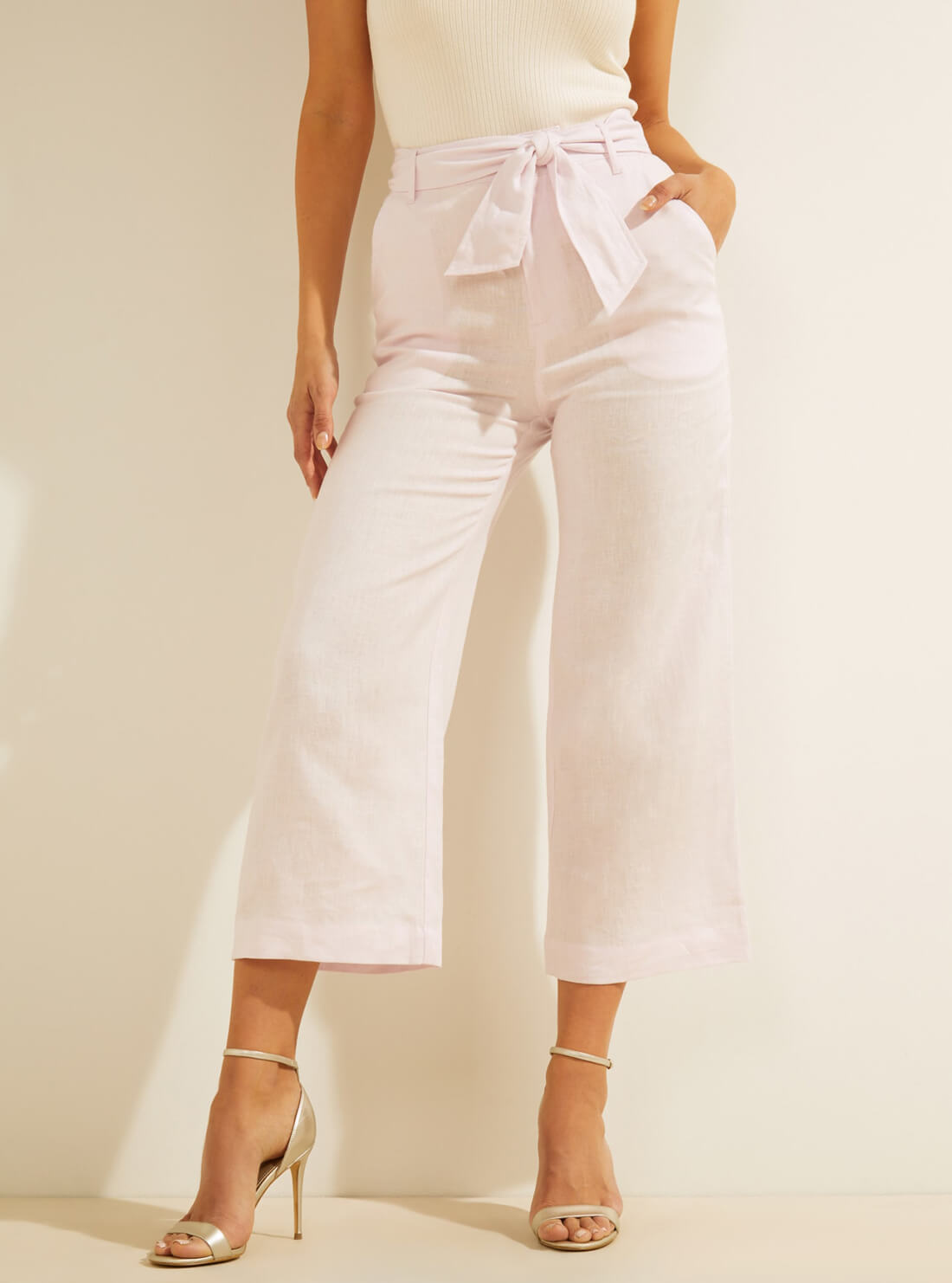 GUESS Womens Eco Light Pink High-Rise Linen Tessa Culotte Pants W1GB20RCWA1 Front View