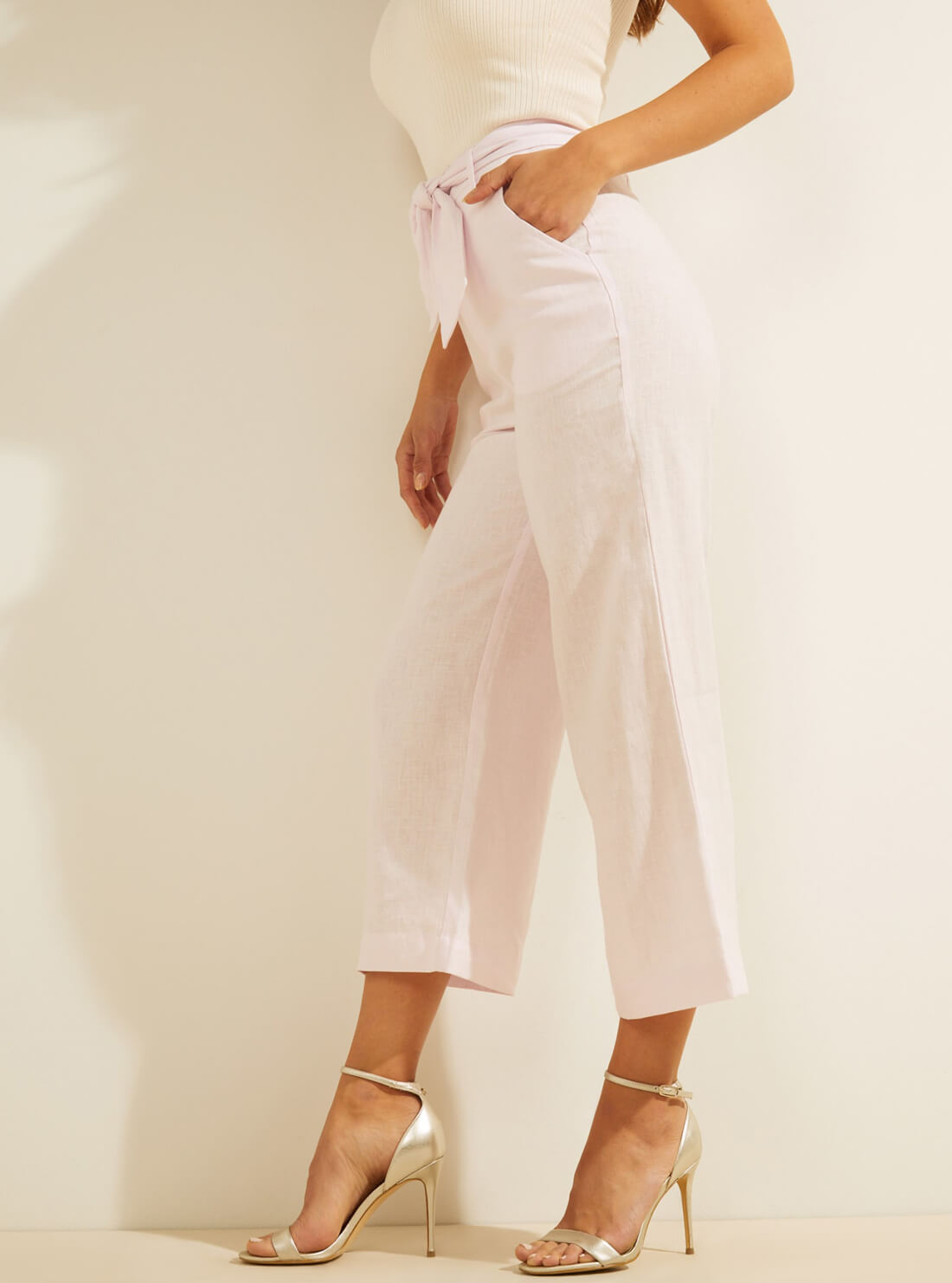 GUESS Womens Eco Light Pink High-Rise Linen Tessa Culotte Pants W1GB20RCWA1 Side View