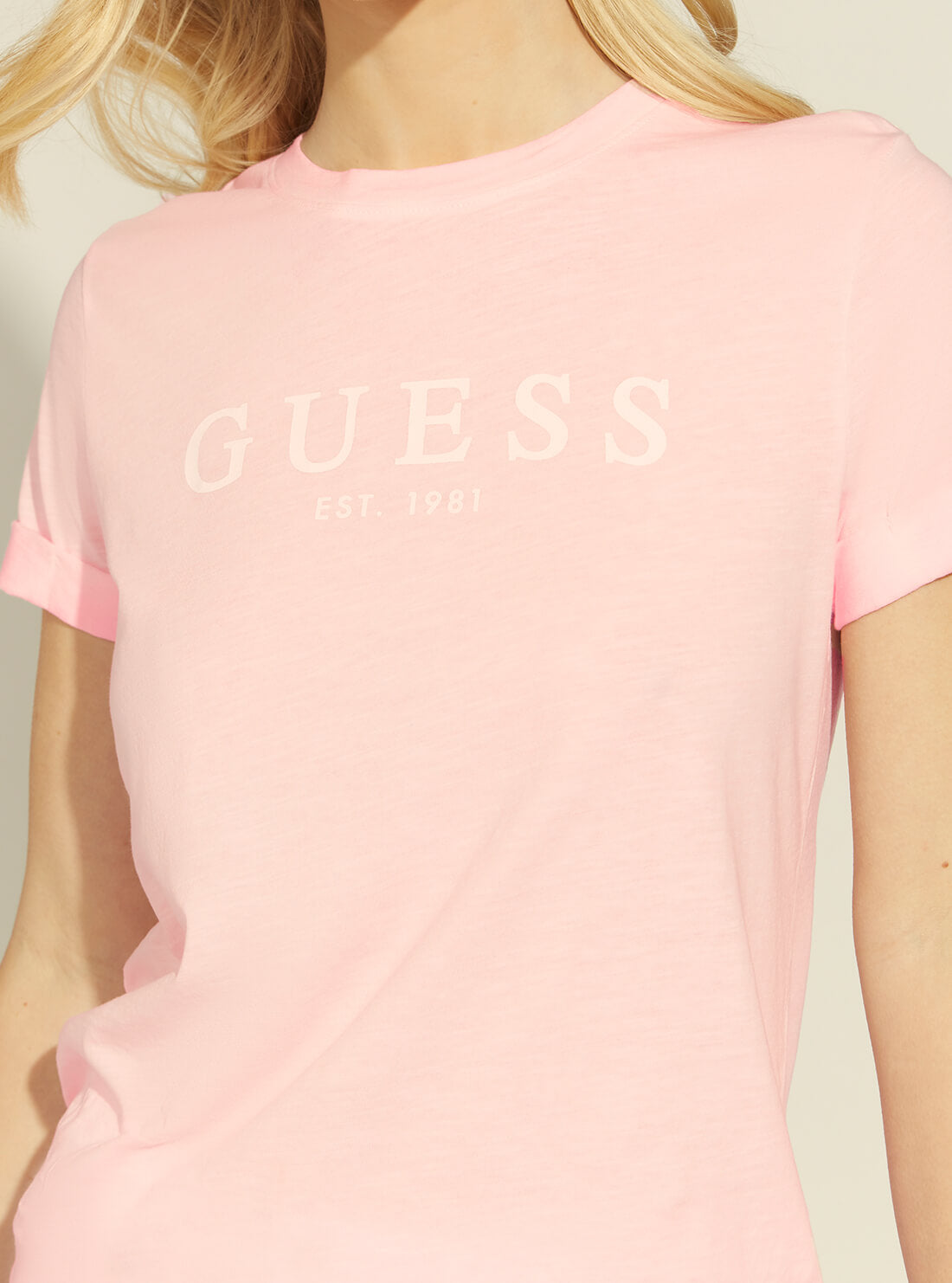 guess Eco Short Sleeve GUESS 1981 Rolled Cuff Pink Womens T-Shirt detail view