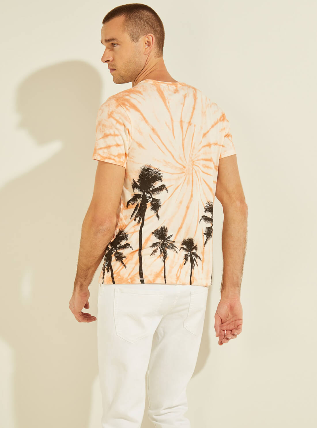 GUESS Mens Eco Orange  Tie-Dye Palms T-Shirt MBGI31R9RM2 Back View