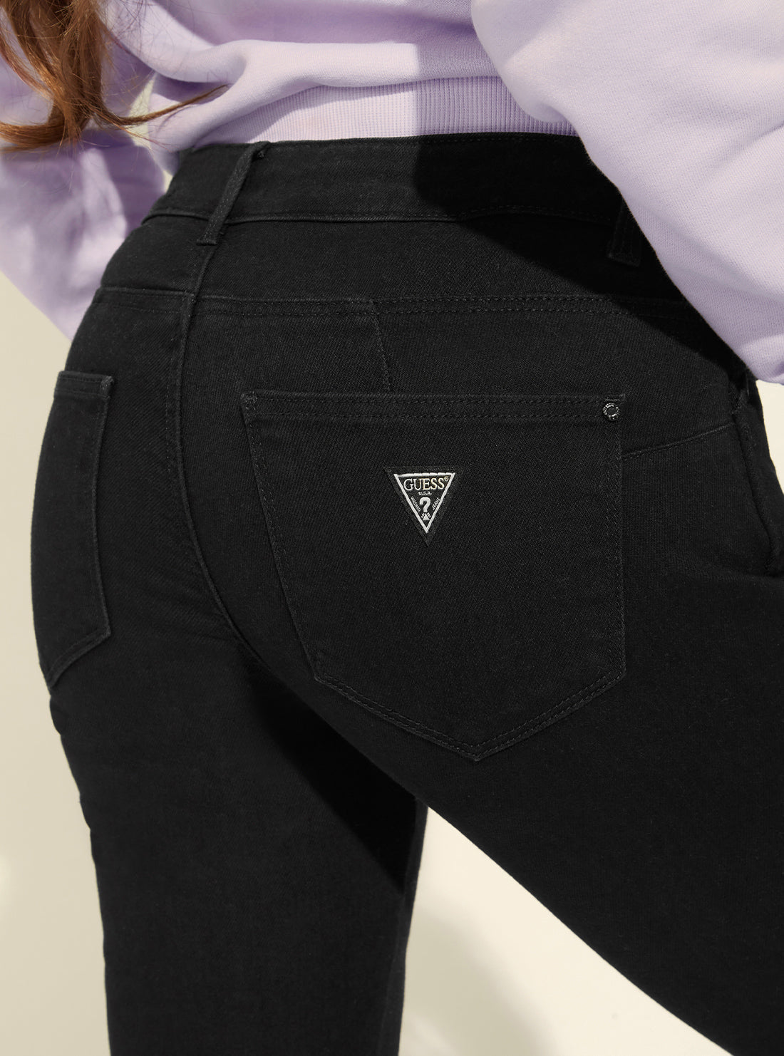 GUESS Womens Mid-Rise Curve Skinny Denim Jeans in Black W1YAJ2D4F51 Back Detail View