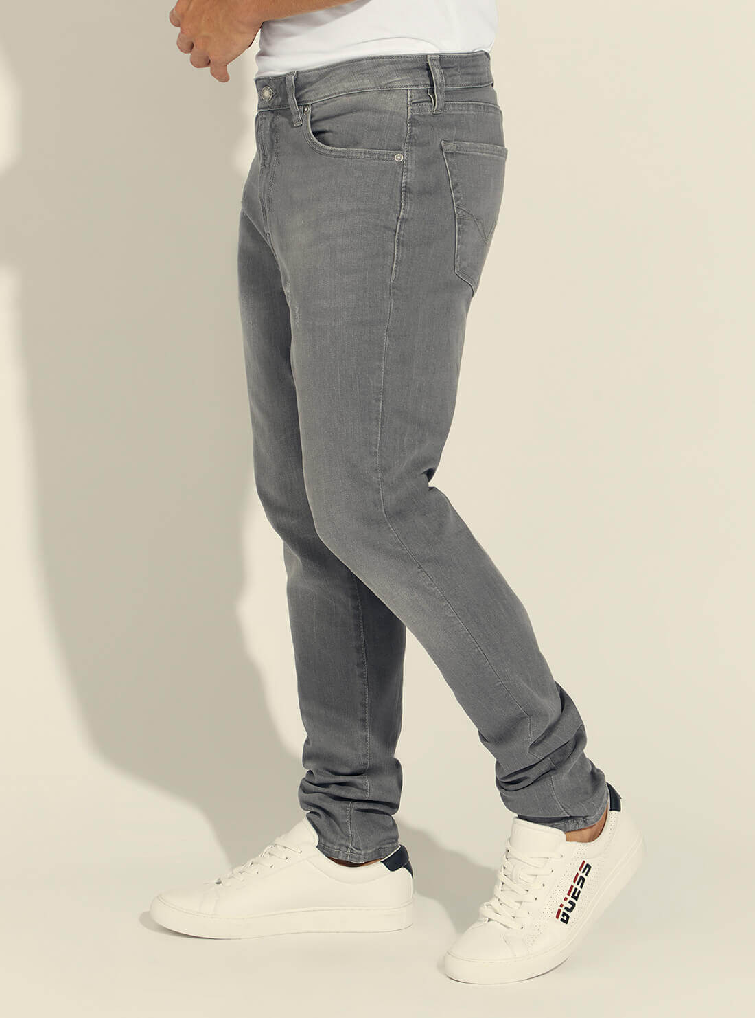 GUESS Mens Mid-Rise Slim Tapered Drake Denim Jeans in Grey Supra Wash M1BA37D4I04 Side View
