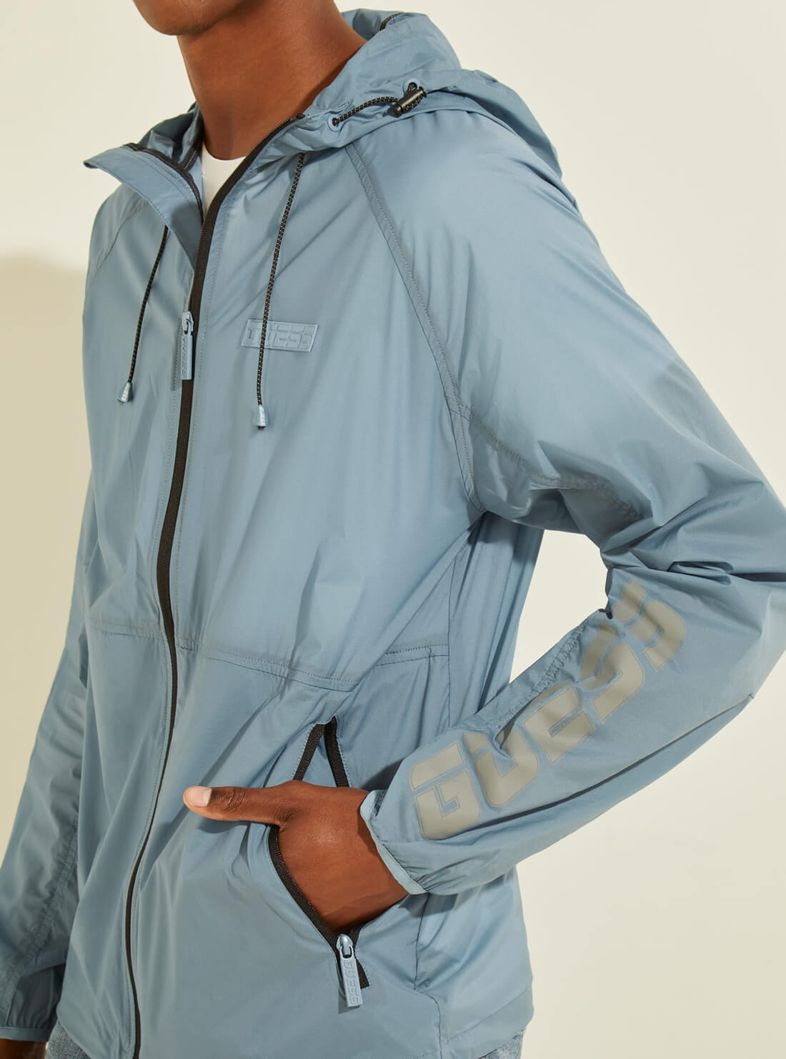 GUESS Mens Cloud Blue Nylon Logo Windbreaker Jacket U1GA05WO05L Detail View
