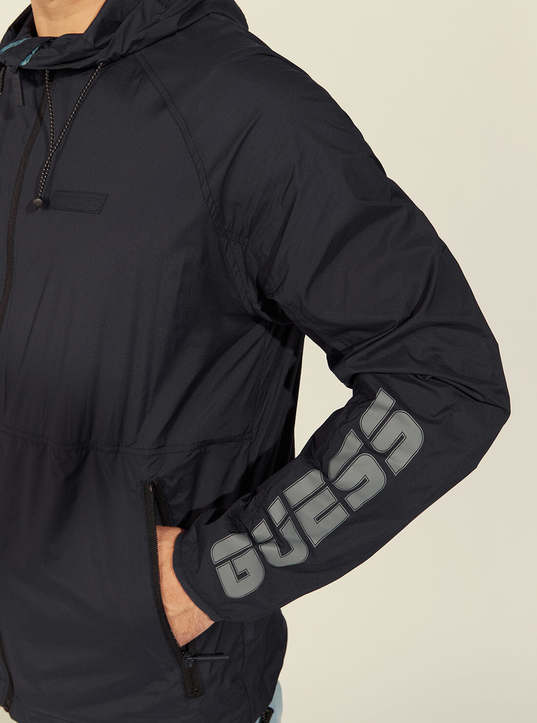 GUESS Mens Dark Navy Nylon Logo Windbreaker Jacket U1GA05WO05L Detail View